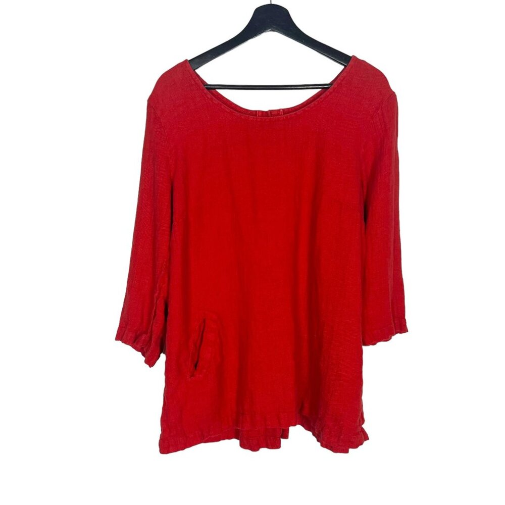 FLAX Red Long Sleeve Back Slit Linen Top Large
